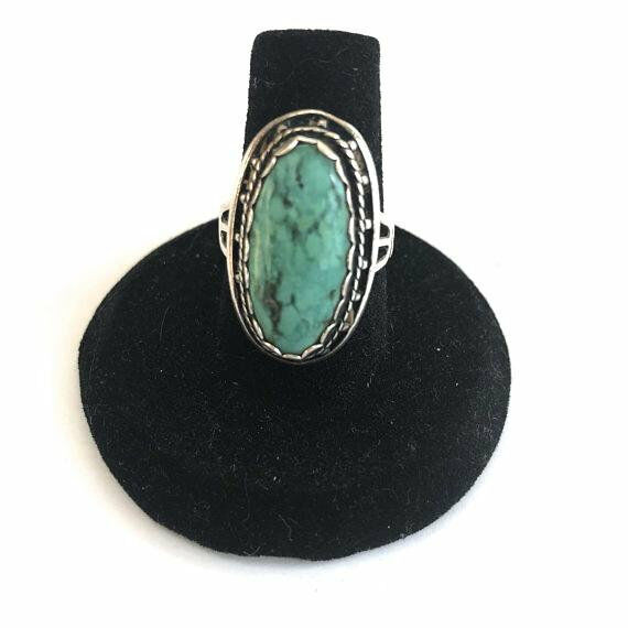 Vintage Sterling Silver Southwestern Oval Turquoise Ring Size 7.25 Signed