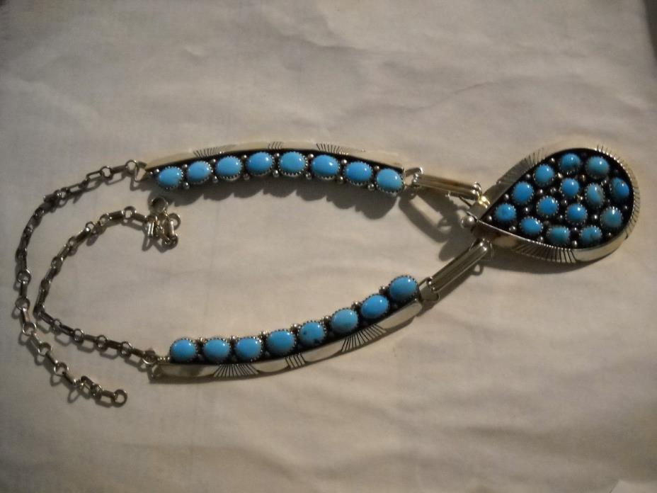 ~Vintage Southwest Marked 925 Sterling Silver Signed H Teardrop Turquoise Neckla