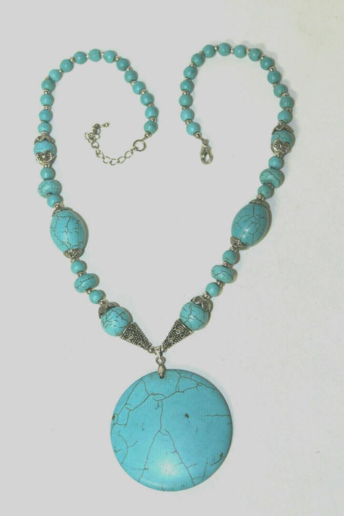 Vintage Turquoise Dyed Howlite Silver Toned Medallion Necklace Southwestern 19