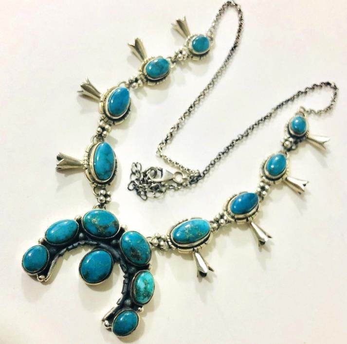 Child Size Turquoise Squash Blossom Necklace Sterling Silver 22in 46g Perfect