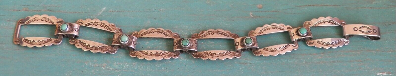 Vintage Harvey Era Sterling Silver Stamped Snake Eye Turquoise Link Bracelet