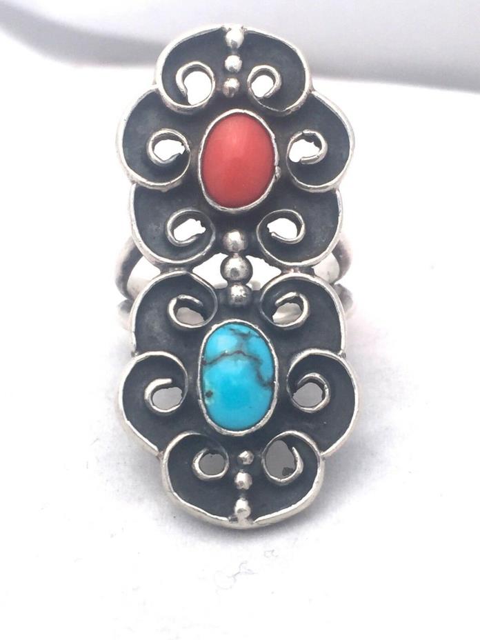 Vintage Sterling Silver Band Turquoise Coral Southwest Tribal Size 8.25 13.2g