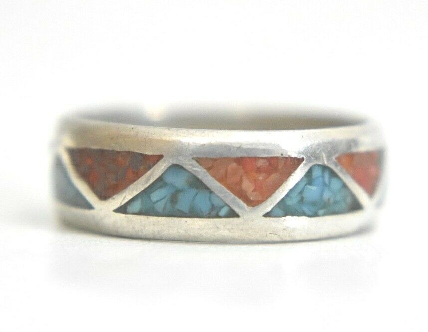 Turquoise chips ring wedding band coral men women boho sterling silver Size 9.50