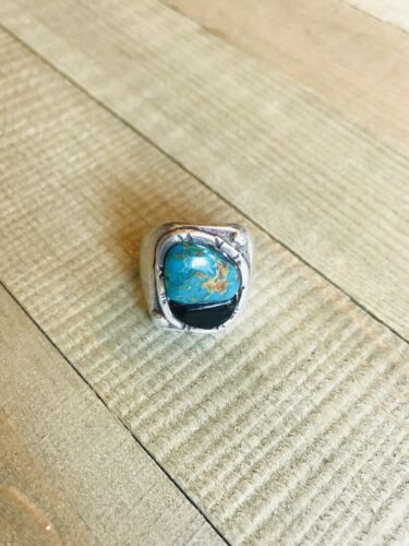 VINTAGE OLD SCHOOL Native American SILVER TURQUOISE ONYX HEAVY SIZE 7.25