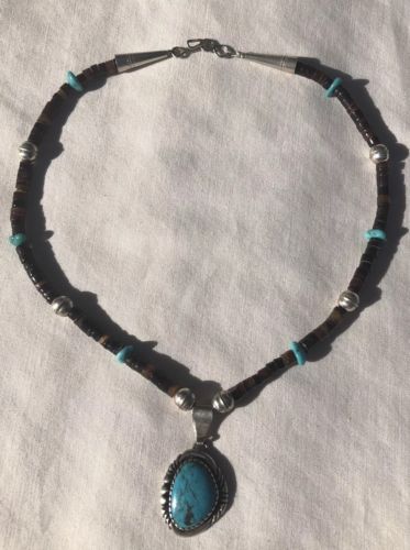 ??VINTAGE?? Turquoise Pendant Heishi Shell Southwestern Sterling Necklace Boho