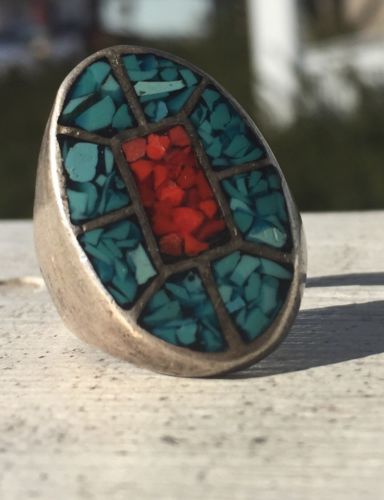 Vintage Silver 925 Southwestern Turquoise & Red Coral Chip Inlay Ring Size 8