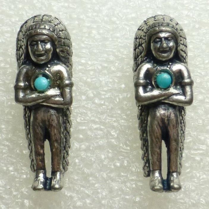 Silver & Turquoise Earrings Indian Chief Figure Full Headdress & Crossed Arms