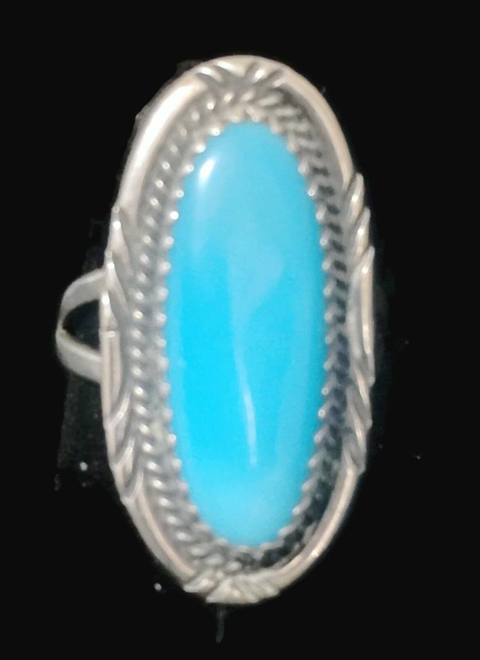 Vintage Long Turquoise Southwest Tribal Sterling Silver Ring Size 6.25
