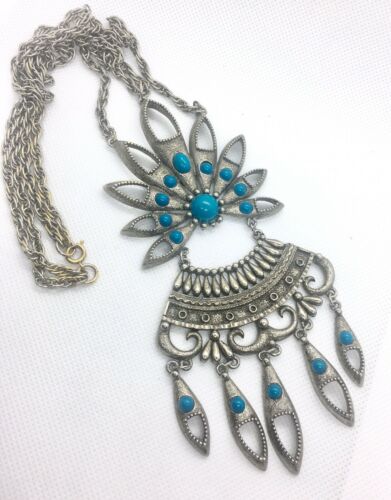 Large Faux Turquoise Southwestern Native American Necklace Vintage Jewelry