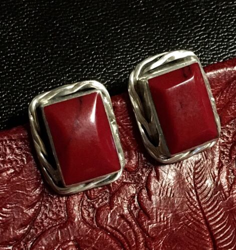 Taxco Sterling Silver Red Jasper Rectangle Post Earrings 15.2 Grams