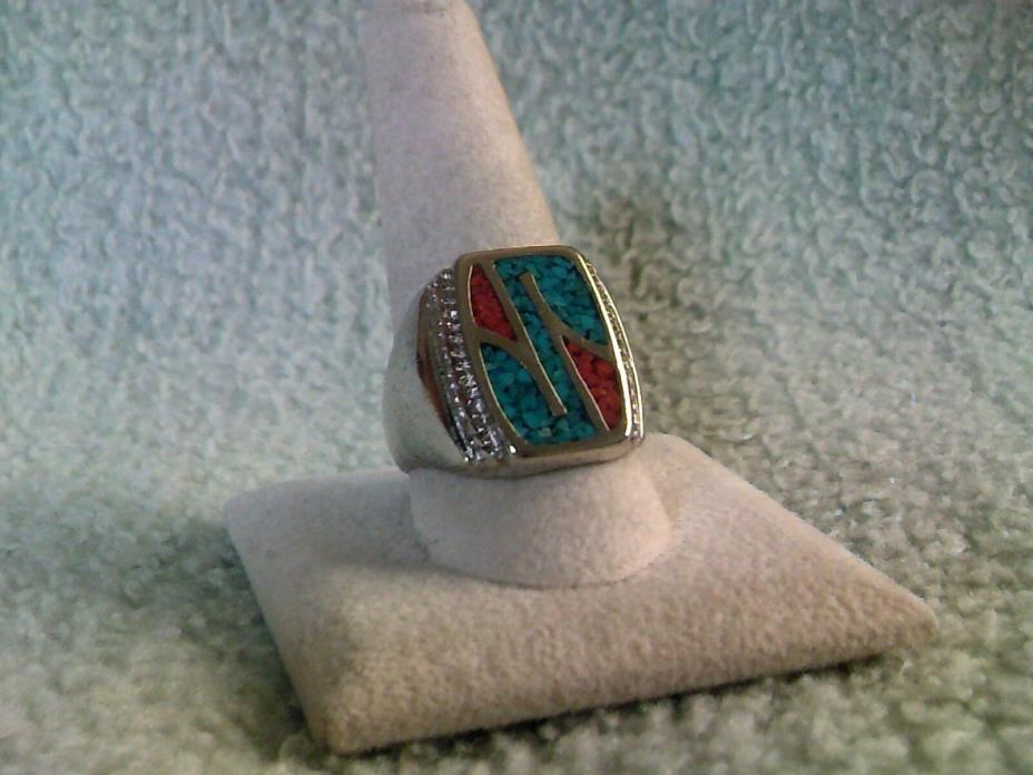Turquoise & Red Coral Mens Ring