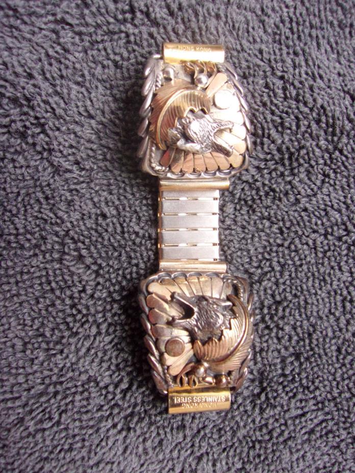 Signed RB Sterling Watch Band Cuffs Very Fancy Wolf Heads Gold Plate Plus LOOK