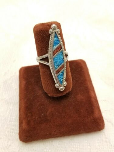 Vintage Turquoise & Coral Chips Inlay Ring Southwestern Size 7