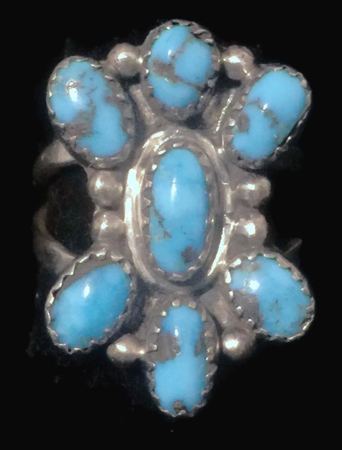 Vintage Flower Turquoise Petite Point Southwest Sterling Silver Ring Size 8.75