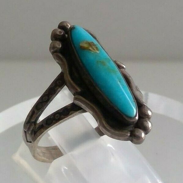 Southwestern Turquoise Sterling Silver Ring, Size 7.75, Stamped Band
