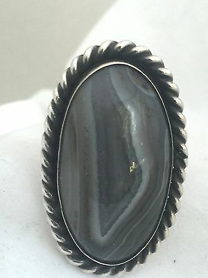Vintage Sterling Silver Agate Ring Size 10 15g Tribal Southwest Long Oval Heavy