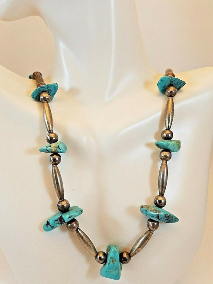 Vintage Southwestern Sterling Silver Beads and Natural Turquoise Nugget Necklace