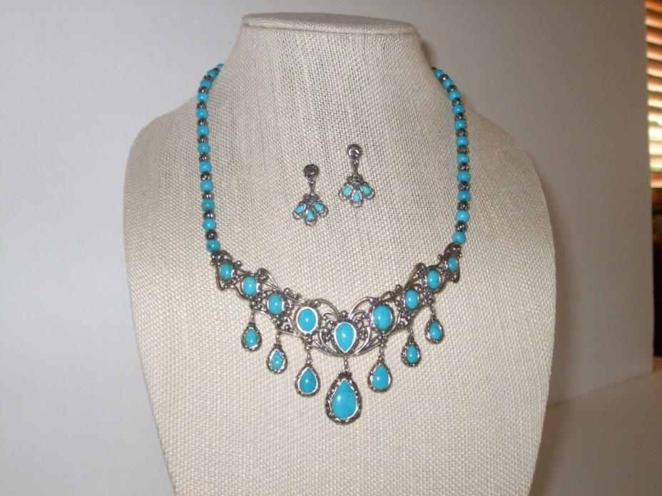 SALE !   CAROLYN POLLACK S.S . BLUE TURQUOISE NECKLACE AND EARRINGS