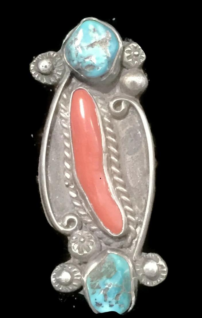 Turquoise Ring Southwest Coral Vintage Sterling SilverTribal Ring Size 5.25