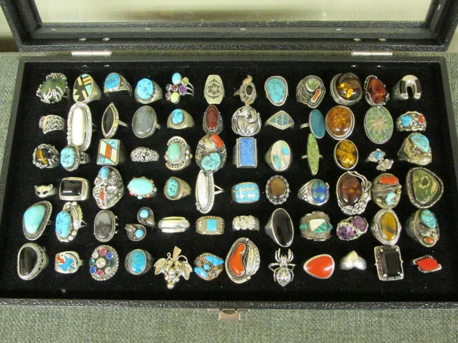 72 VTG RINGS LOT - TURQUOISE CORAL JET JADE STERLING LAPIS AMBER MOST STERLING