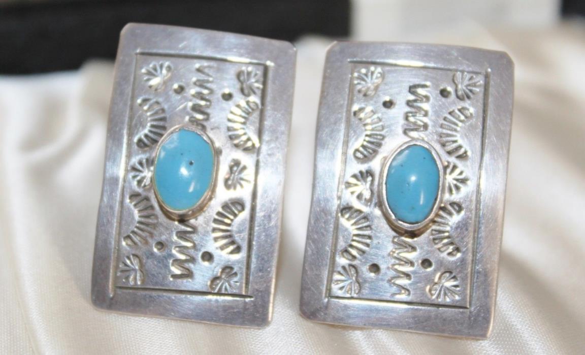VINTAGE STERLING SILVER Turquoise Enamel SOUTHWESTERN Clip on STATEMENT Earrings