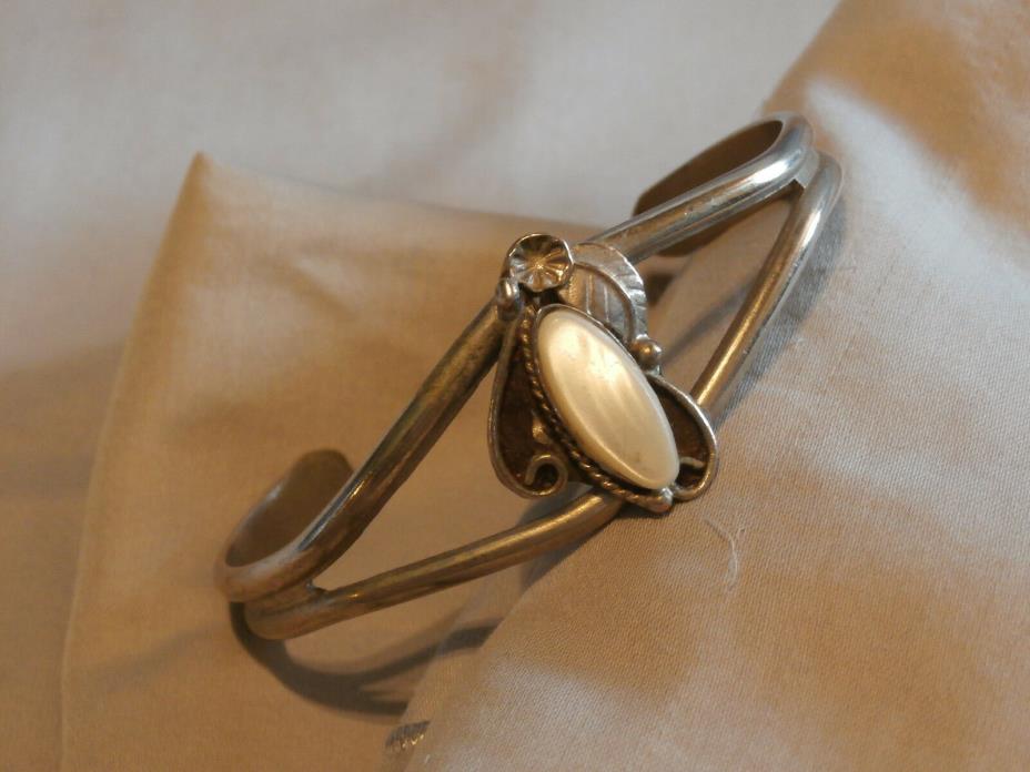 Vintage Nickel Silver Cuff Bracelet With MOP and Leaf Motif Native Style