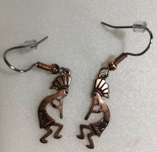 Copper Kokopelli Figural Drop Dangle Pierced Earrings Southwestern Style