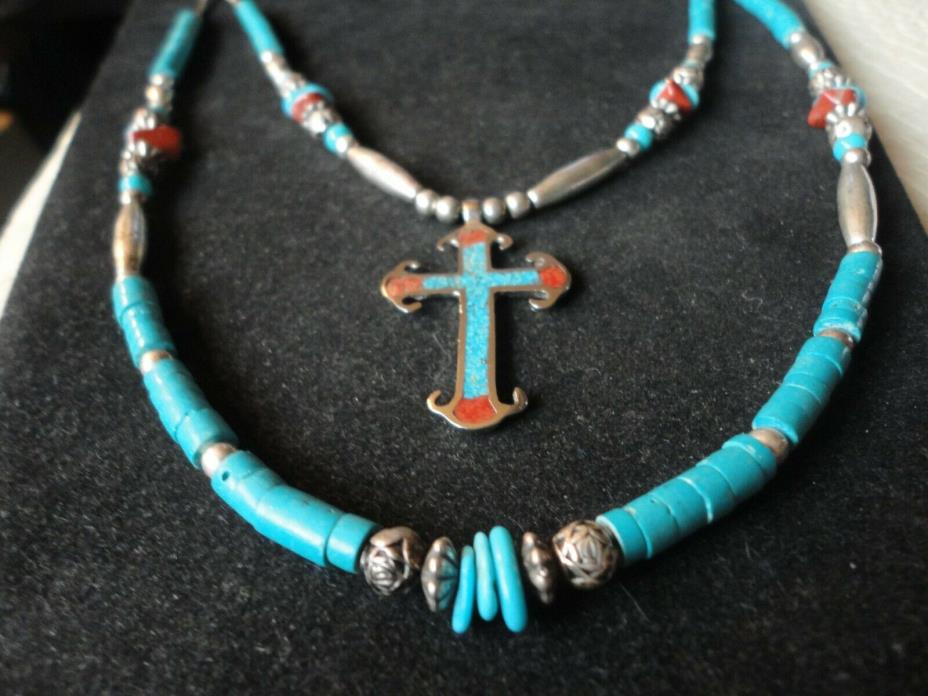 Southwestern Sterling Silver Turquoise & Red Coral Bead With Cross 23