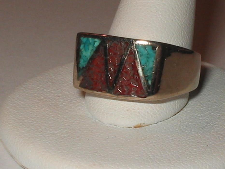 Vintage Sterling 14K Native Navajo Ring Band Wedding Inlay Turquoise Coral 11