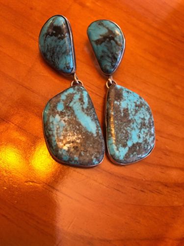 Turquoise  Large Bisbee Stone Dangle Earrings Southwestern Navajo