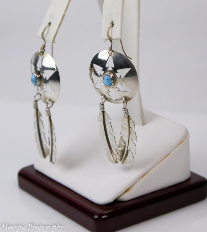 Vtg Southwestern DV Lee Sterling Silver Turquoise Dream Catcher Earrings