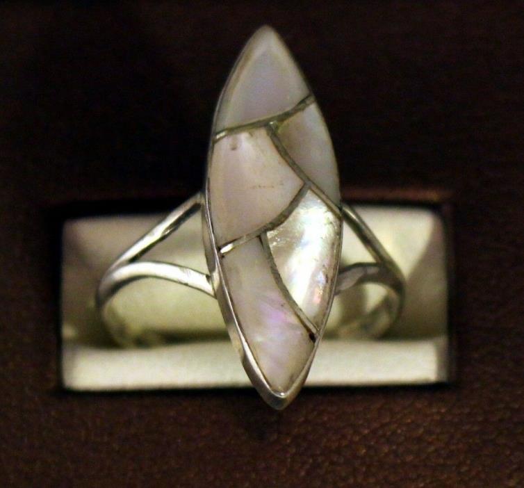 Mother of Pearl Marquis Ring Inlay Sterling Silver Signed Sunburst 7.5