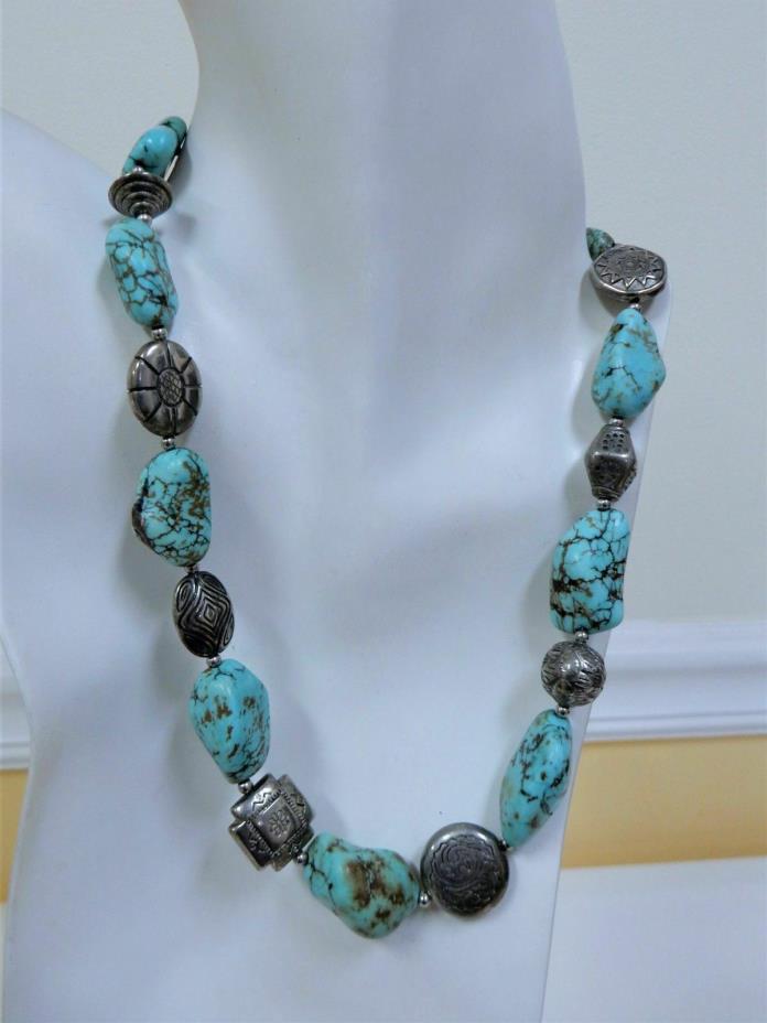VINTAGE TURQUOISE/ PEWTER/ SILVER TONE NECKLACE 19