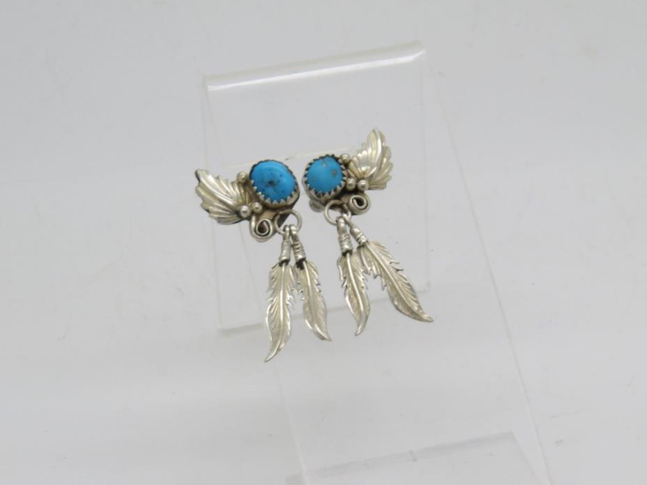 Vintage Blue Turquoise w/ Southwest Feathers Sterling Silver Pierced Earrings E
