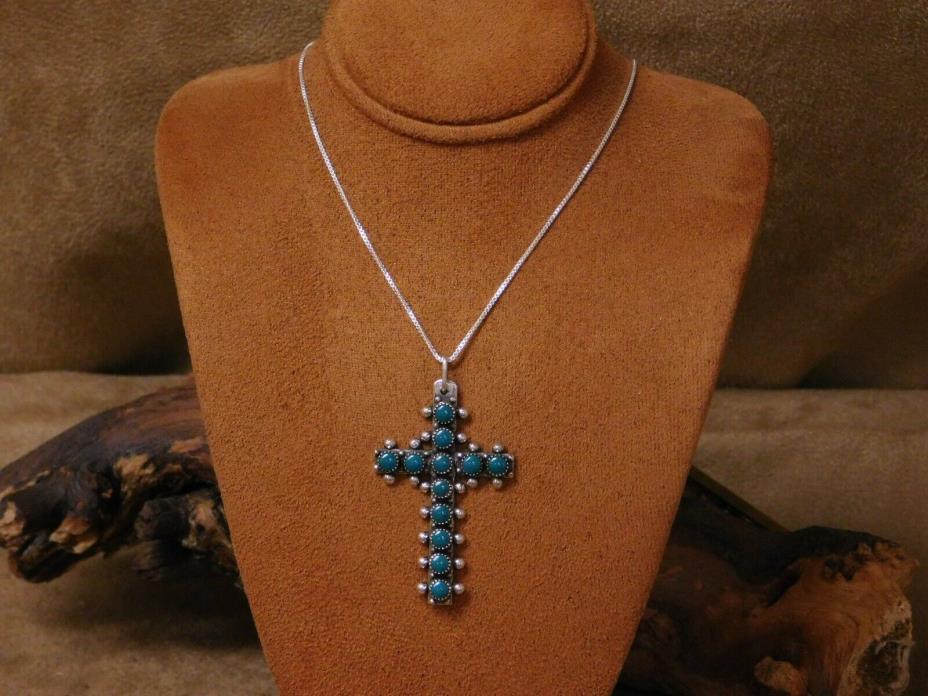 Fred Harvey Era Sterling Silver and Faux Turquoise Cross Necklace