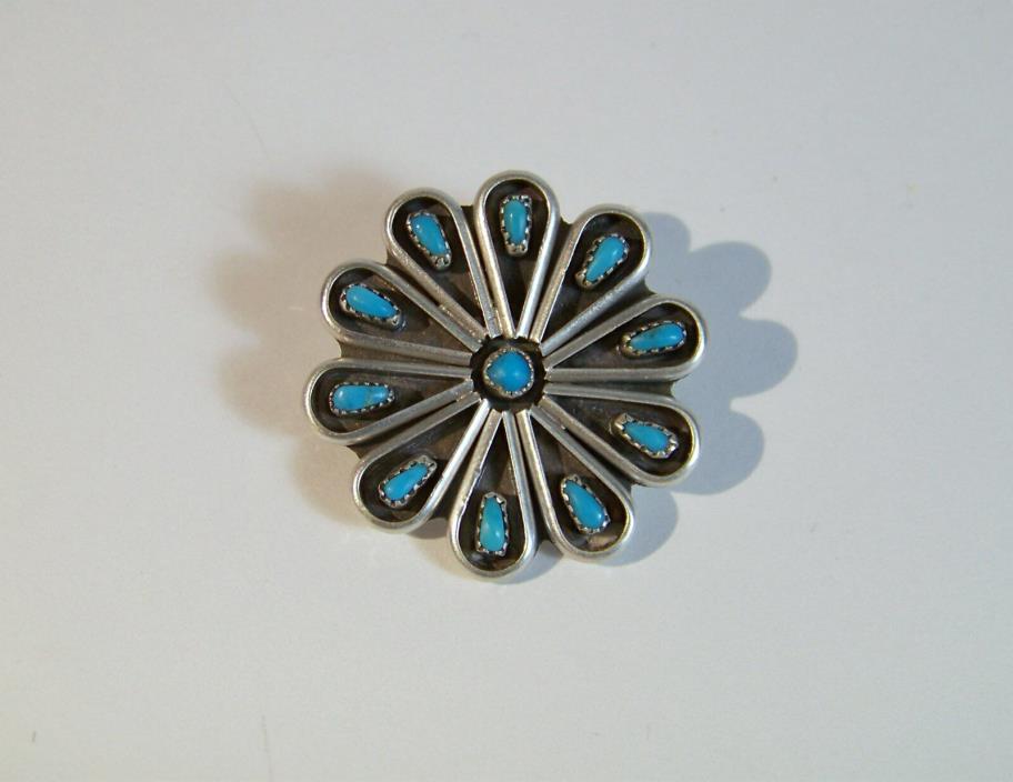 Southwestern Silver & Needlepoint Turquoise Flower Round Pin vintage