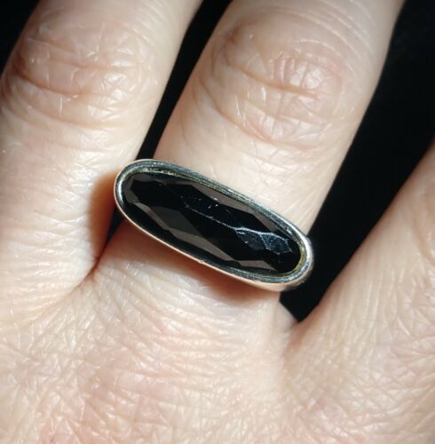 Vtg Petite Sterling Silver Modernist Faceted Black Onyx Ring Sz 7.5 Signed CAA