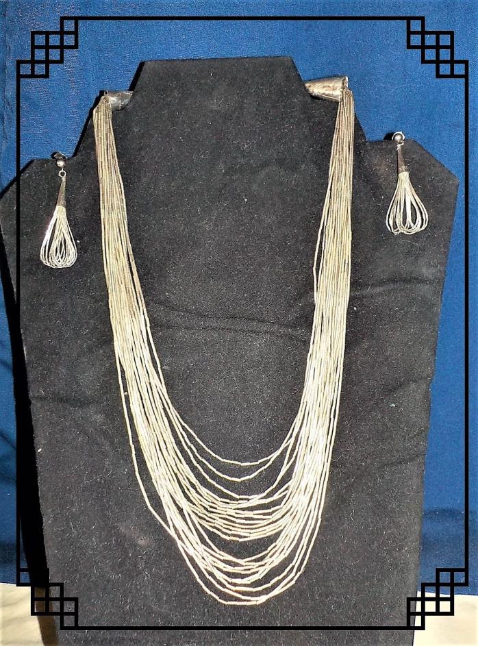 VINTAGE STERLING  NECKLACE AND EARRINGS SET NATIVE AMERICAN - LIQUID SILVER