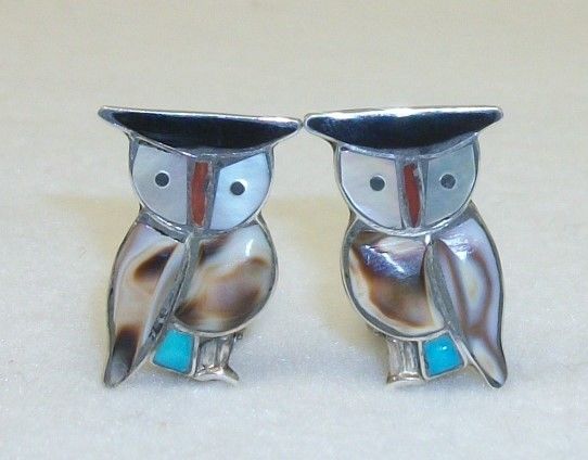 Vintage Sterling Silver Owl Earrings Mother of Pearl Onyx Turquoise Coral Inlay