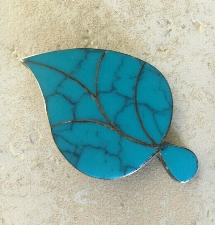 Vintage Turquoise Howlite & Sterling Silver Leaf Shaped Pin/Pendant