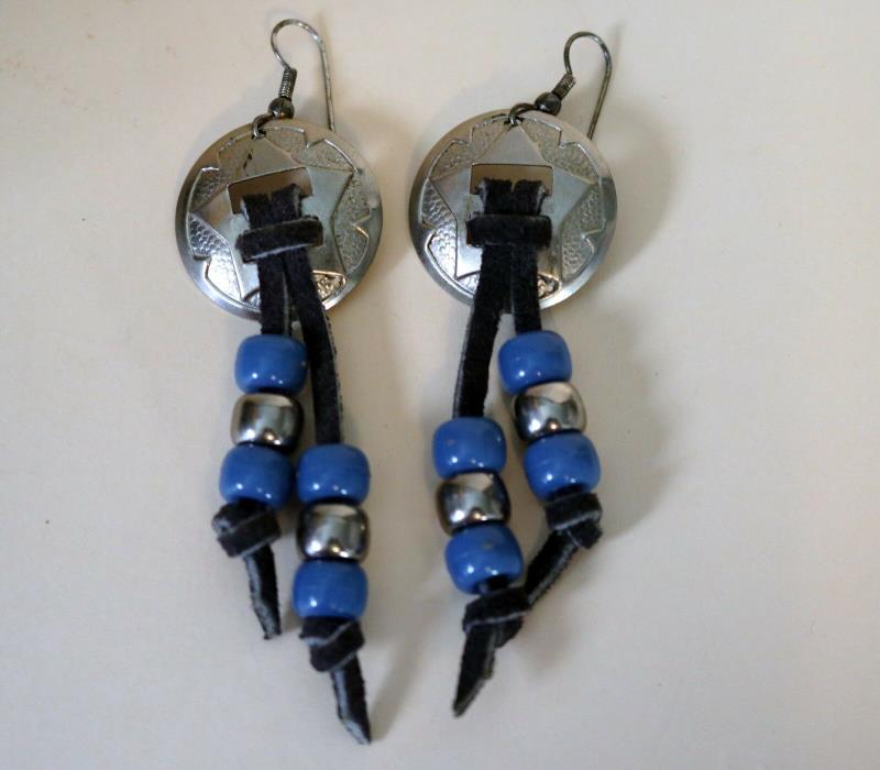Vintage Pierced Southwest Earrings Blue Silver Beads Suede Silvertone Conch