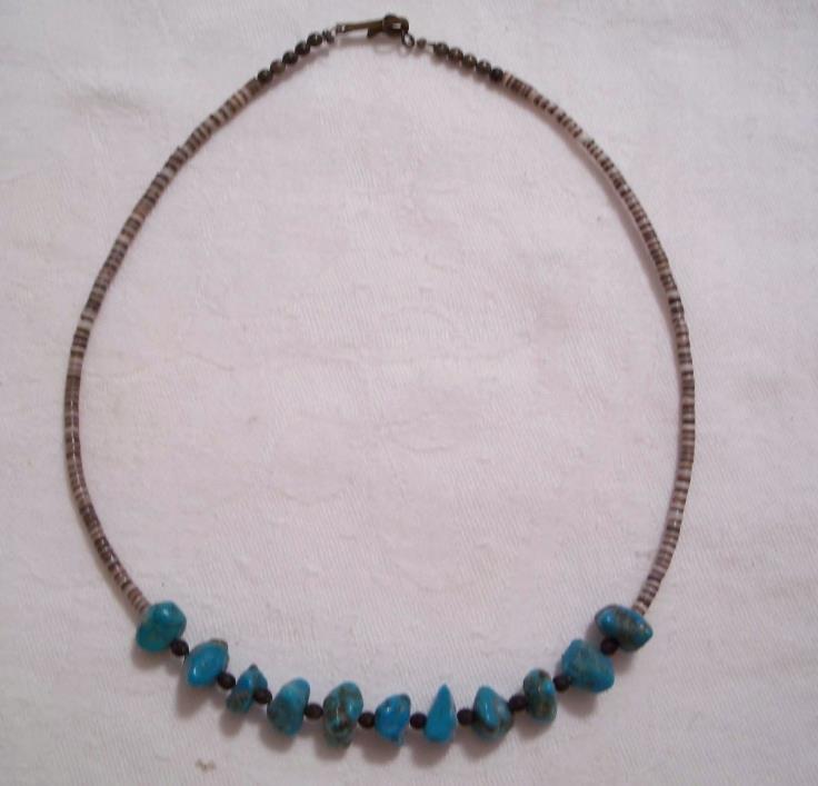 Old Necklace Tiny shell Beads and Turquoise Chips 15 Inches