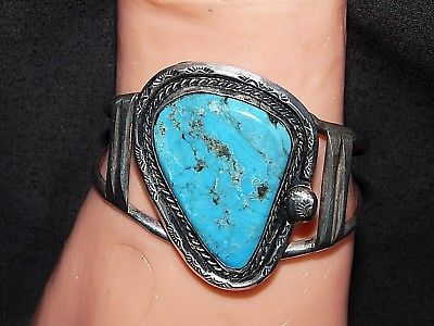 VINTAGE SOUTHWESTERN SILVER & TURQUOISE CUFF/ BRACELET TWISTED ROPE 33 GRAMS ART