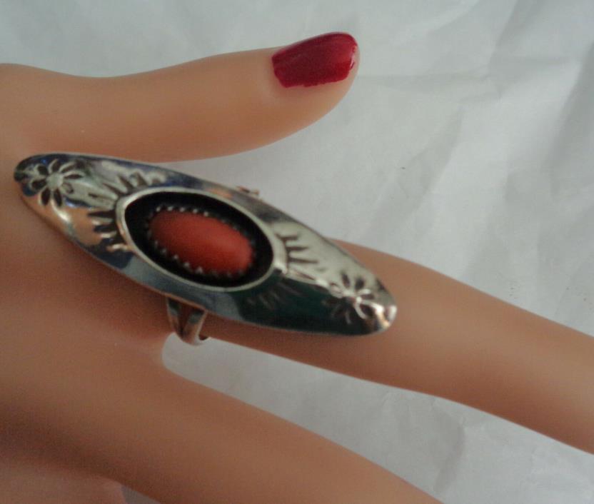 STERLING SOUTHWEST  RING W, RED NATURAL CORAL SHADOWN BOX DESIGN  S-6.5