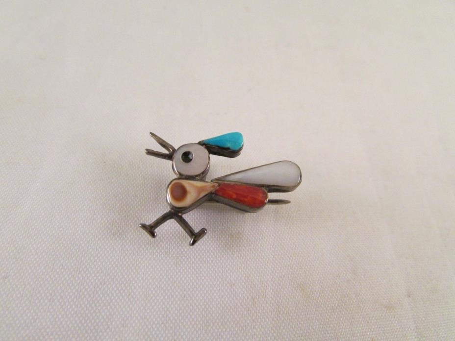 Vintage Southwestern Sterling Silver Road Runner Brooch Pendant Turquoise Coral