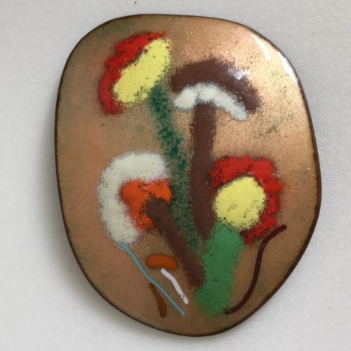 Mid Century Free Form Enamel Copper Pin Brooch Flower Modernist Bouquet