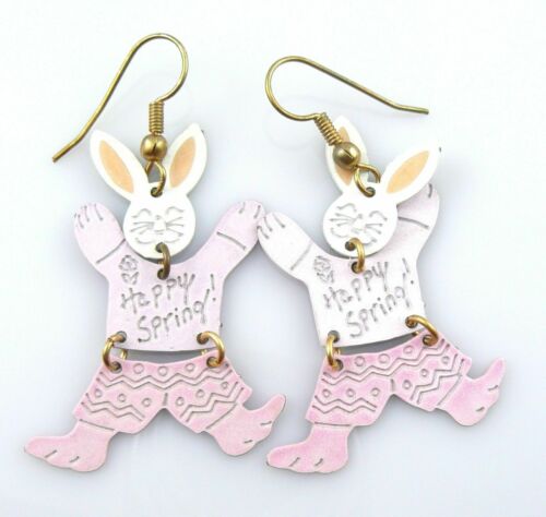 BIG Vintage 1980s 90s SIGNED Handmade Painted Metal RABBIT Moveable EARRINGS