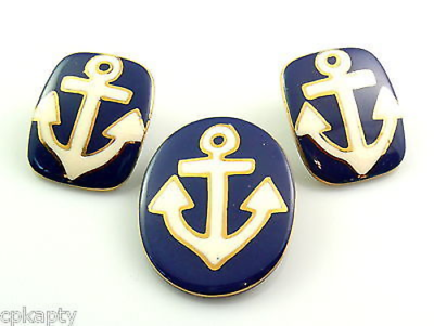 Vintage 1980s 90s Handmade Painted Ceramic ANCHORS Nautical PIN & EARRINGS Set