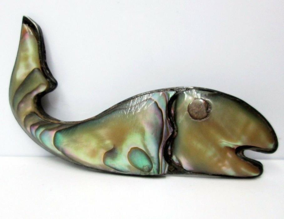 Vintage Mexico 925 Sterling Silver Whale Pin Brooch with Abalone Stone