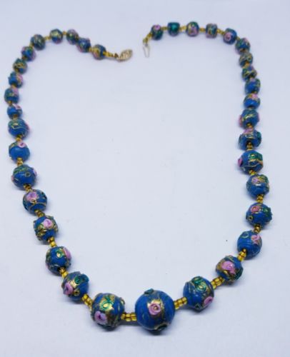 14KT Yellow Gold Wedding CAKE BEAD NECKLACE CLASP BLUE ART GLASS 18